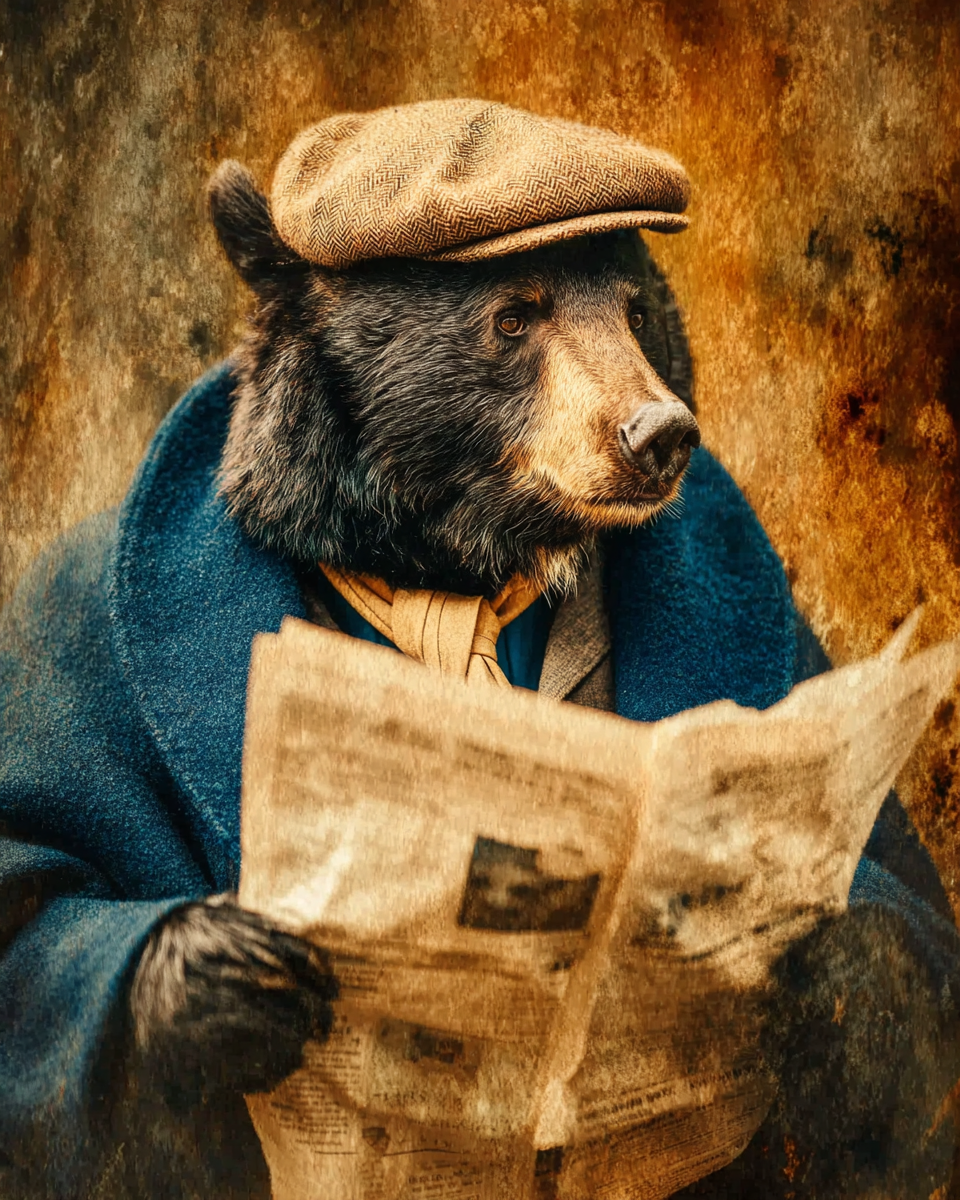Boston Bob Reading the Daily - Black Bear Art Print
