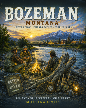 Bozeman Montana Fishing Art Print - Vintage Lake and Fly Fishing Wall Decor