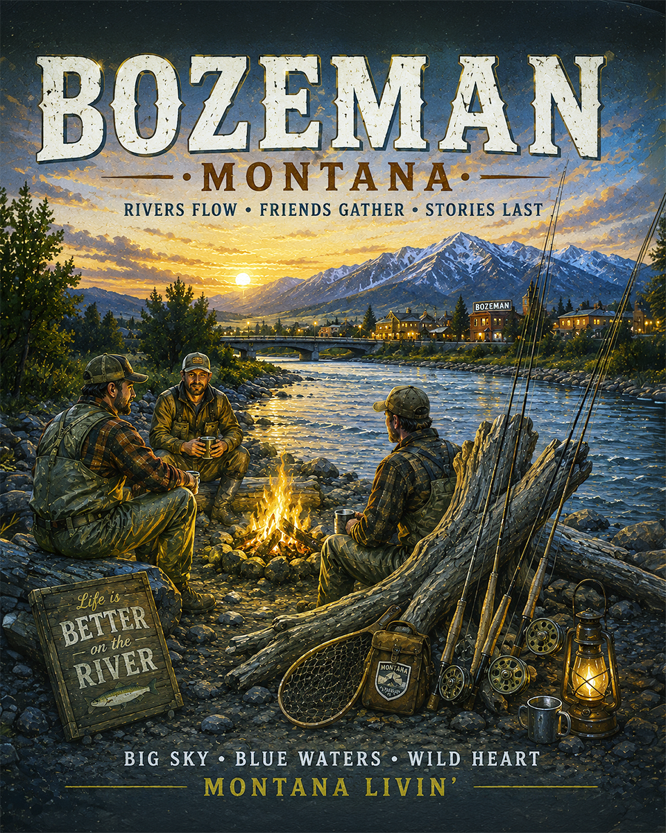Bozeman Montana Fishing Art Print - Vintage Lake and Fly Fishing Wall Decor