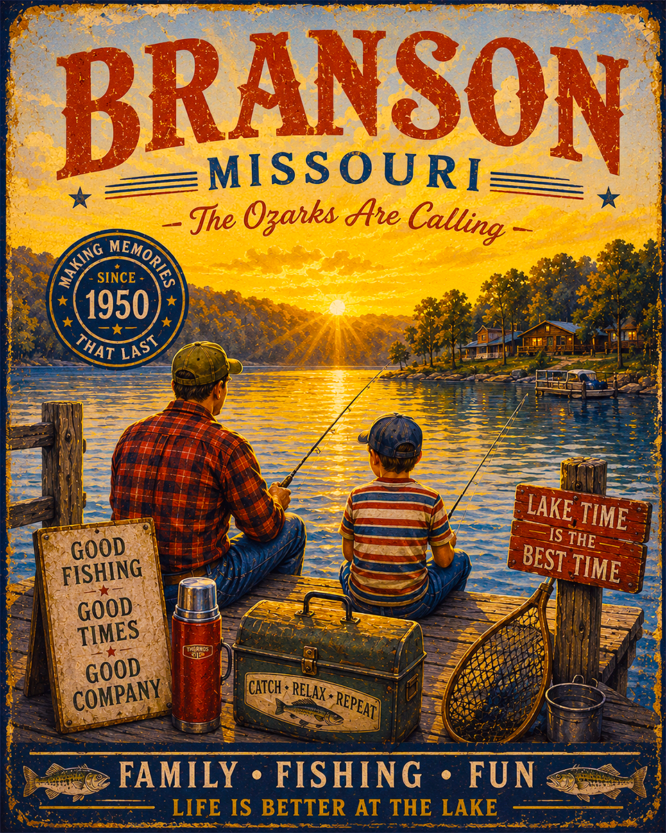 Branson Missouri Fishing Art Print - Vintage Lake and Fly Fishing Wall Decor