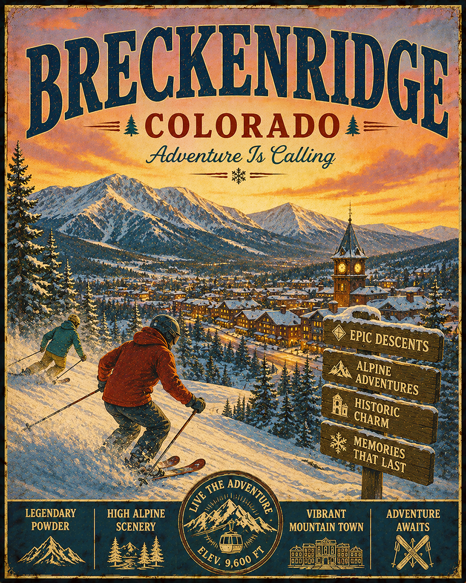 Brekenridge Colorado - Adventure Is Calling Art Print - Vintage Travel Poster Mountain Town Wilderness Wall Decor