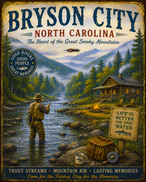 Bryson City North Carolina Fishing Art Print - Vintage Lake and Fly Fishing Wall Decor