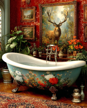 Buck Deer Artwork - Floral Painted Bathtub - Bathroom Art