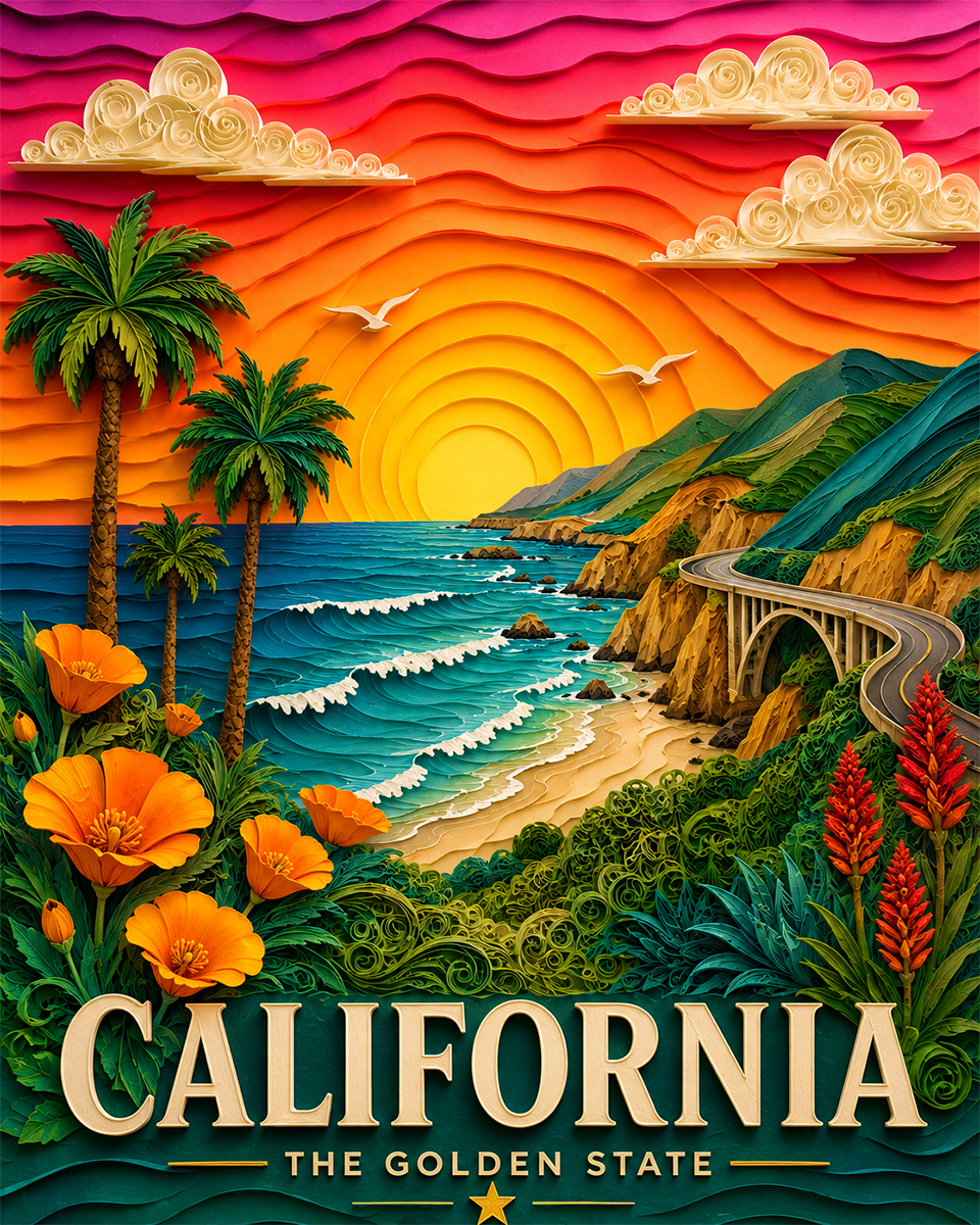 California Souvenir Art Print - Name Drop Destination Travel Poster