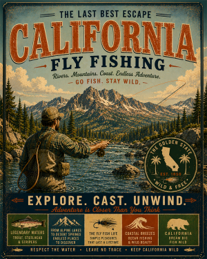 California - Fly Fishing Vintage Retro Poster Art Print