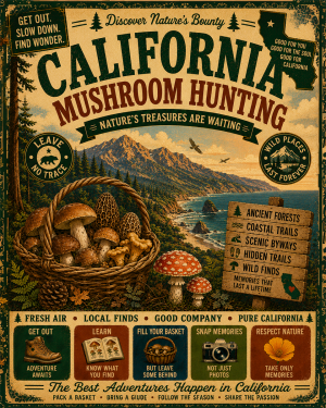 California - Vintage Retro Mushroom Hunting Poster Art Print