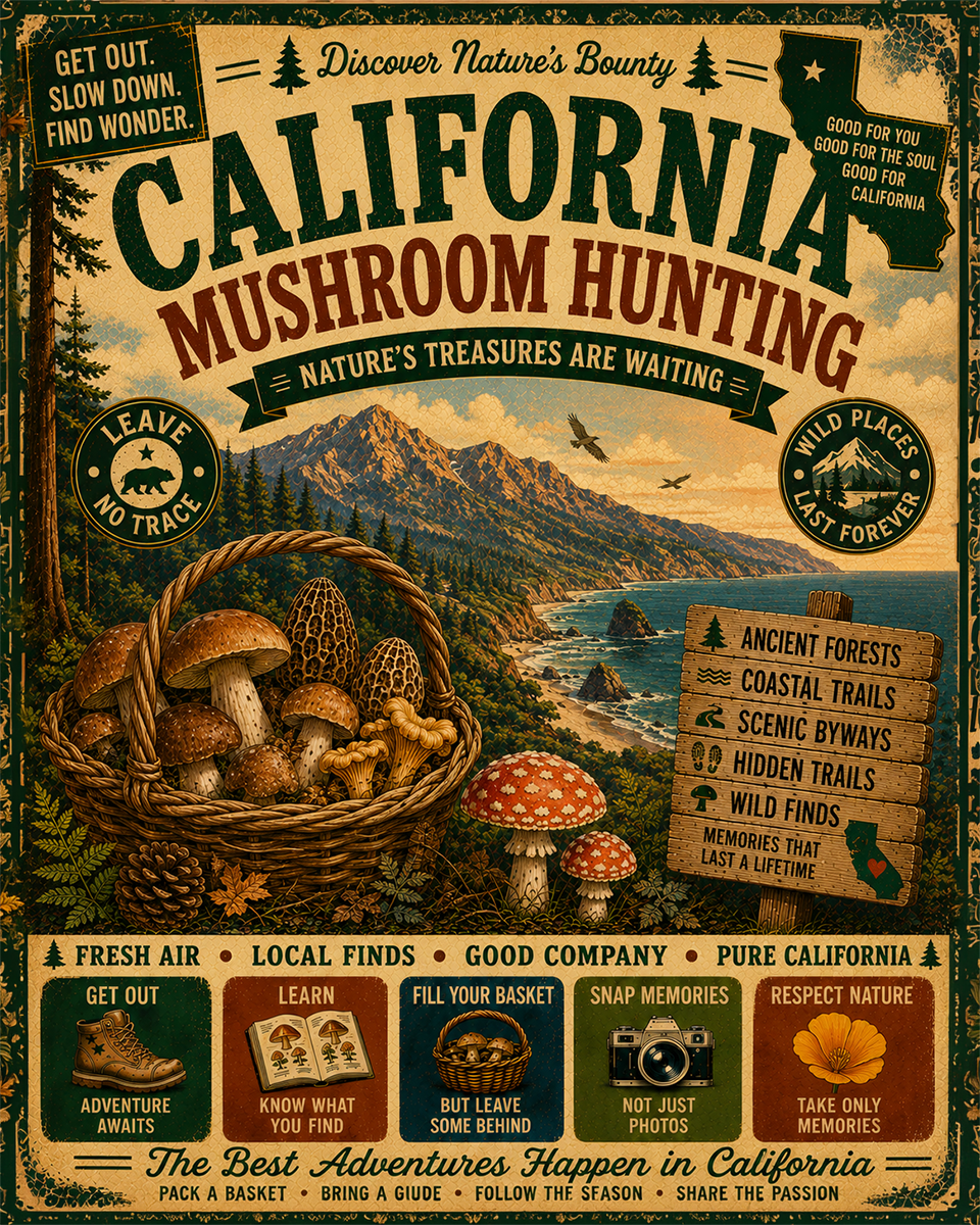 California - Vintage Retro Mushroom Hunting Poster Art Print