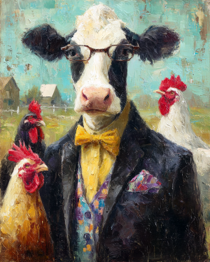 Calvin with Chickens - Cow Art Print