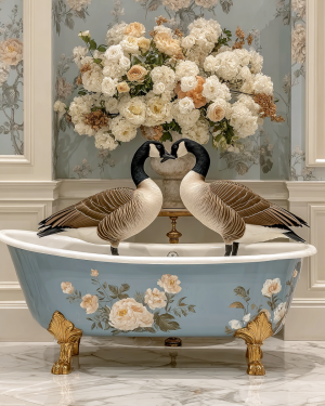 Canada Geese Artwork - Pair in Bathtub with Bouquet - Bathroom Art
