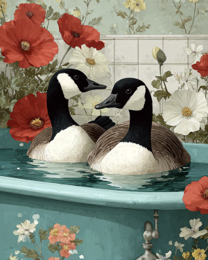 Canada Geese Artwork - Pair in Bathtub with Poppies - Bathroom Art