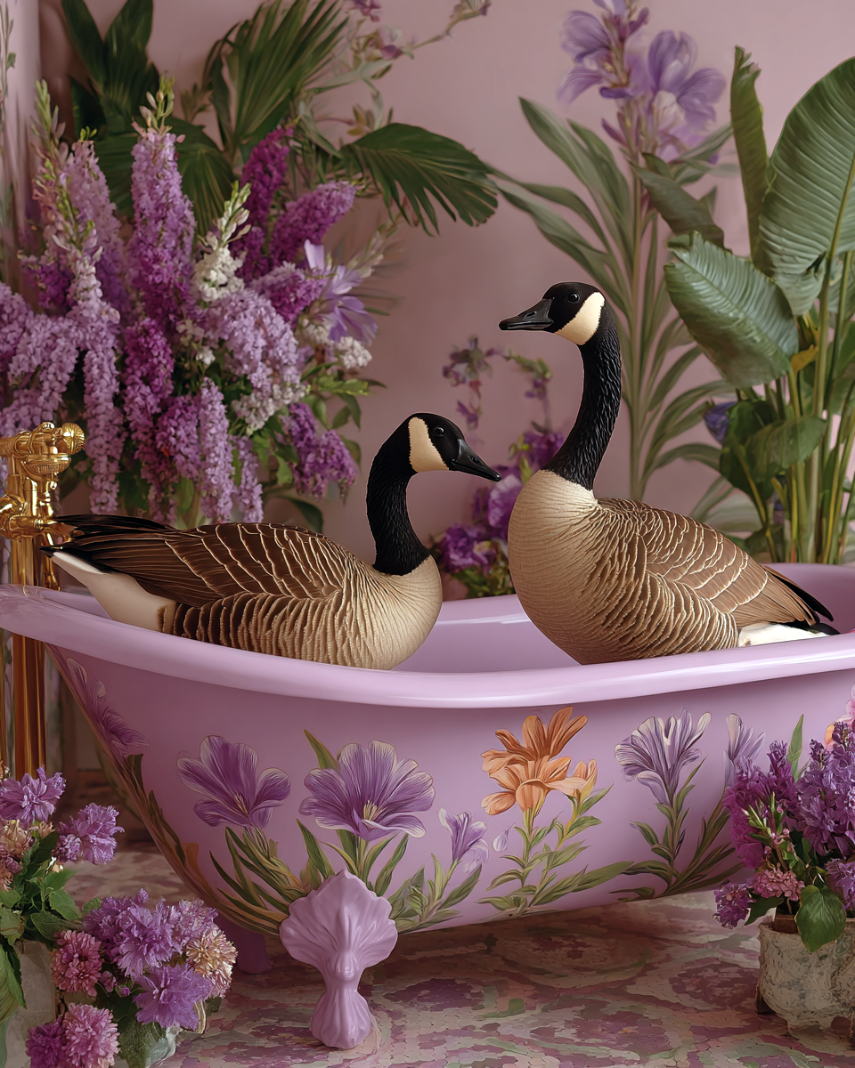 Canada Geese Artwork - Pair in Pink Bathtub - Bathroom Art