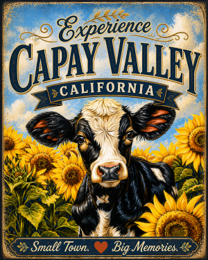 Capay Valley California - Sunflowers Cow Agri-Tourism Art Print