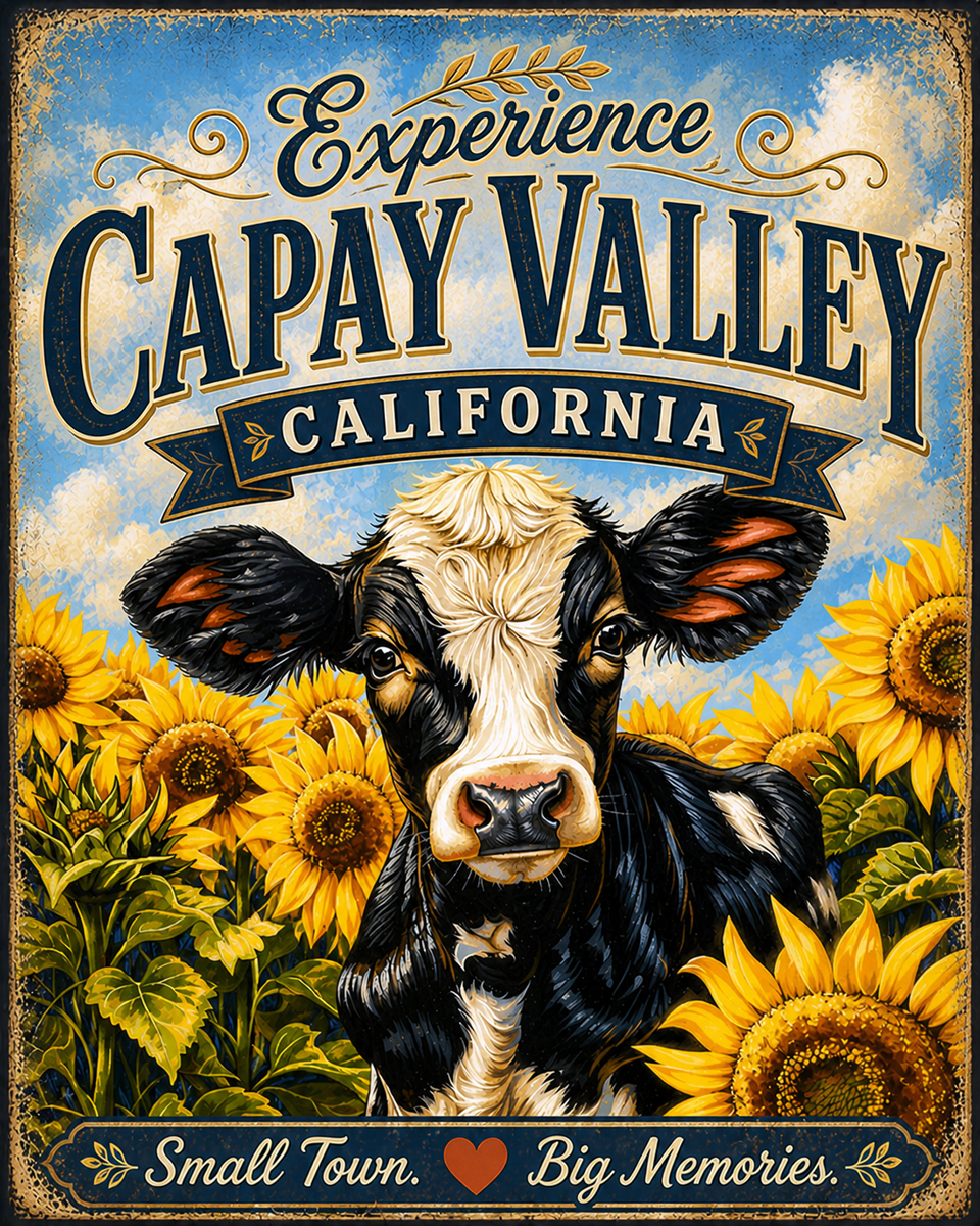 Capay Valley California - Sunflowers Cow Agri-Tourism Art Print
