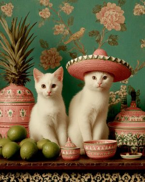 Carmen and Frida in a Southwestern Still Life - Cats in Hats Art Print