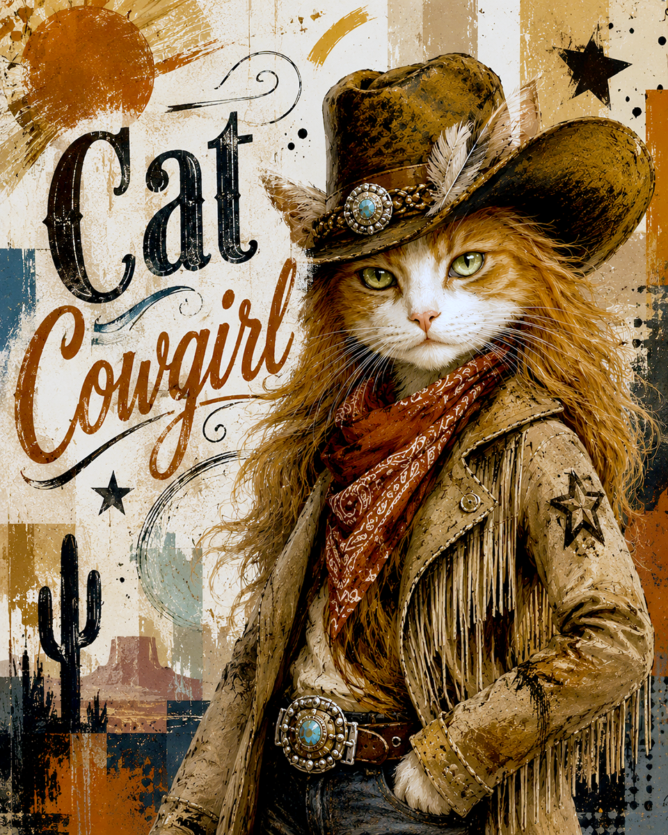 Cat Artwork Prints - Cat Cowgirl