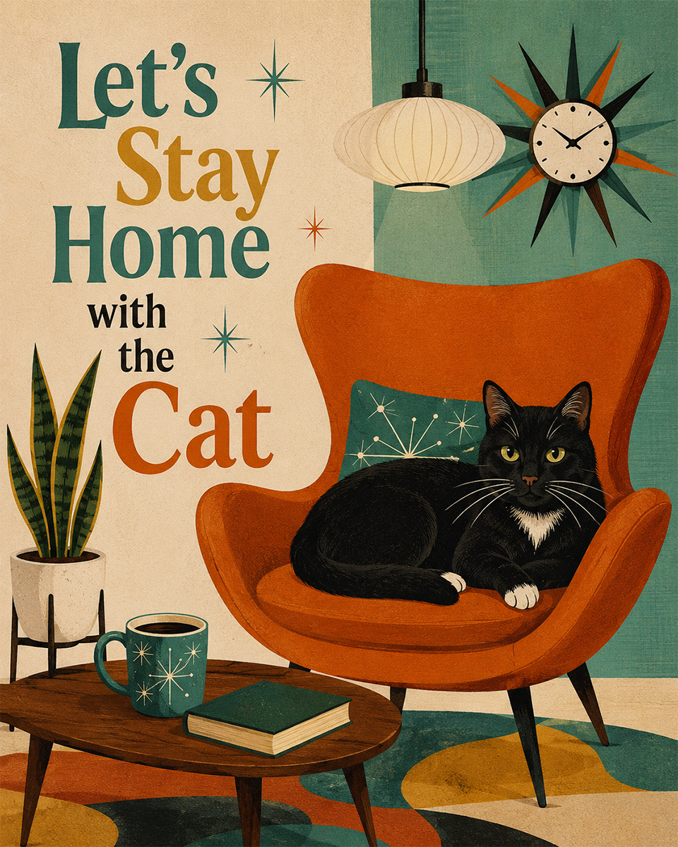 Cat Wall Art Prints - Let’s Stay Home with the Cat   mid century modern style