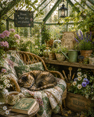 Cat Crashed in Greenhouse - Cottagecore Art Prints