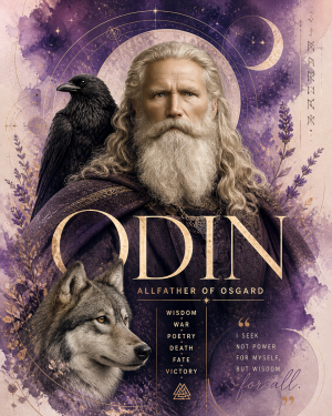 Celestial Style - Odin with His Wolf and Ravens - Norse Mythology Art Print