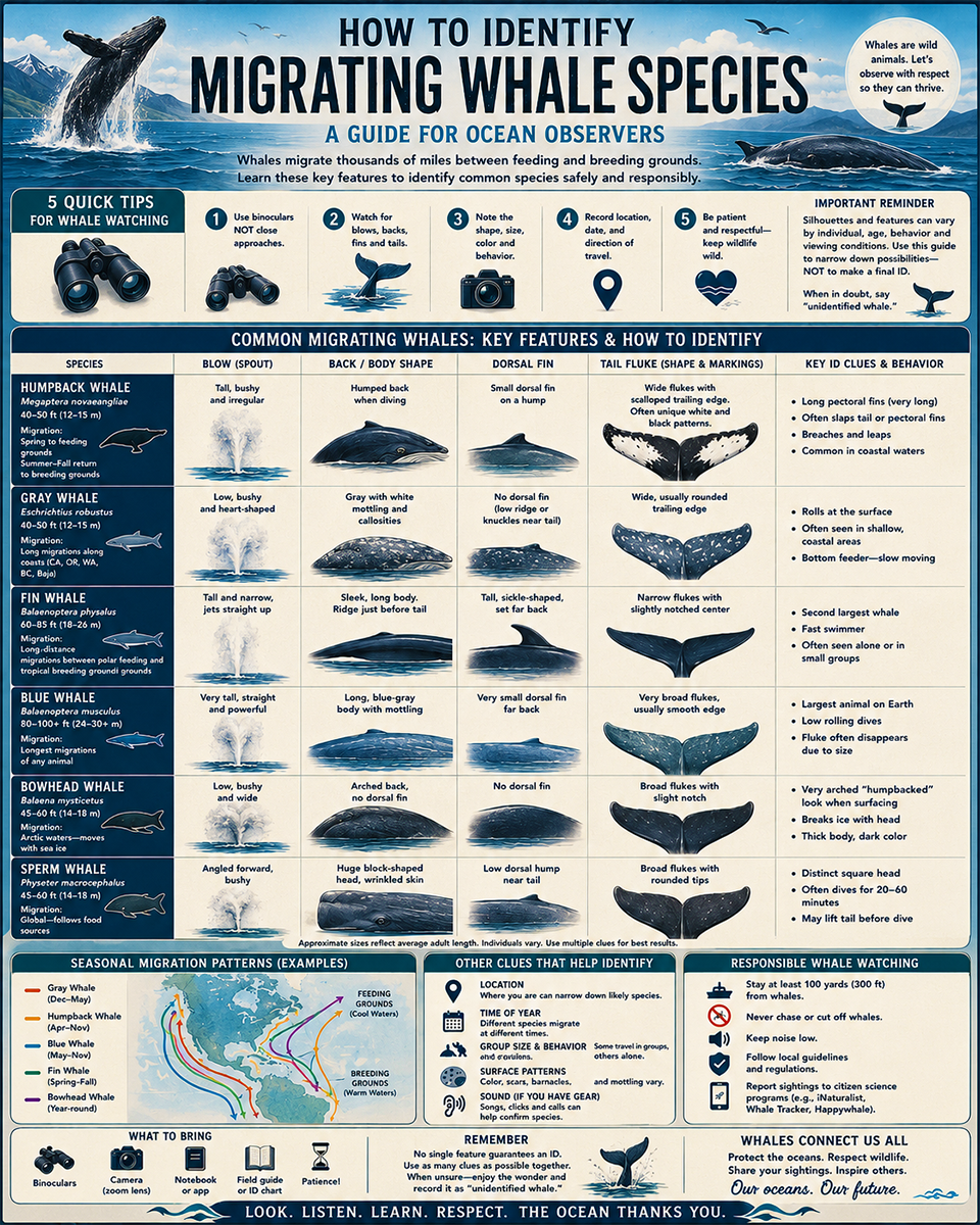 Chart - How to Identify Migrating Whale Species - Dark Infographic Poster
