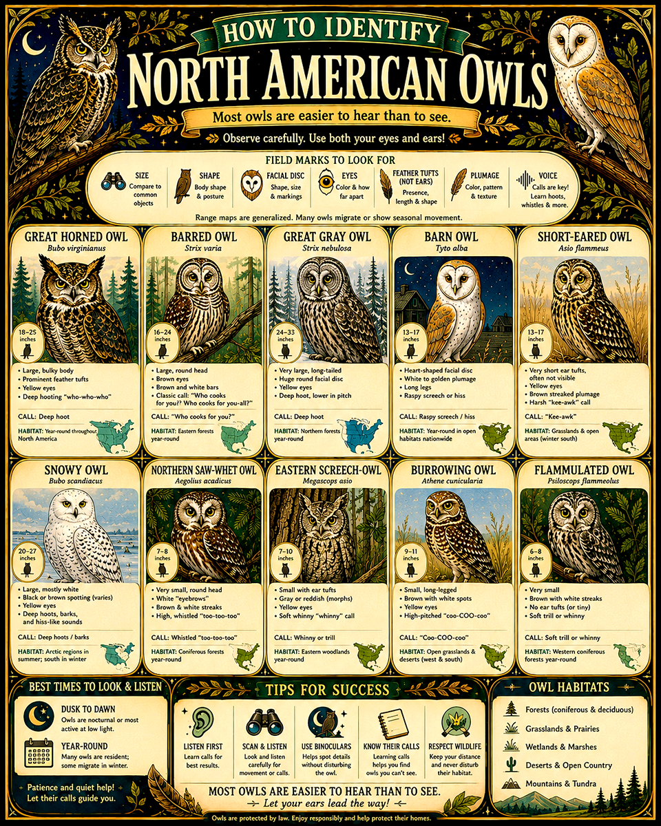 Chart - How to Identify North American Owls - Dark Infographic Poster