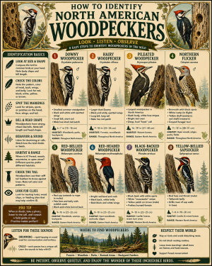 Chart - How to Identify North American Woodpeckers - Dark Infographic Poster