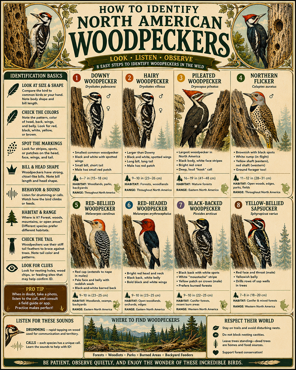 Chart - How to Identify North American Woodpeckers - Dark Infographic Poster