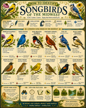 Chart - How to Identify Songbirds of the Midwest - Dark Infographic Poster