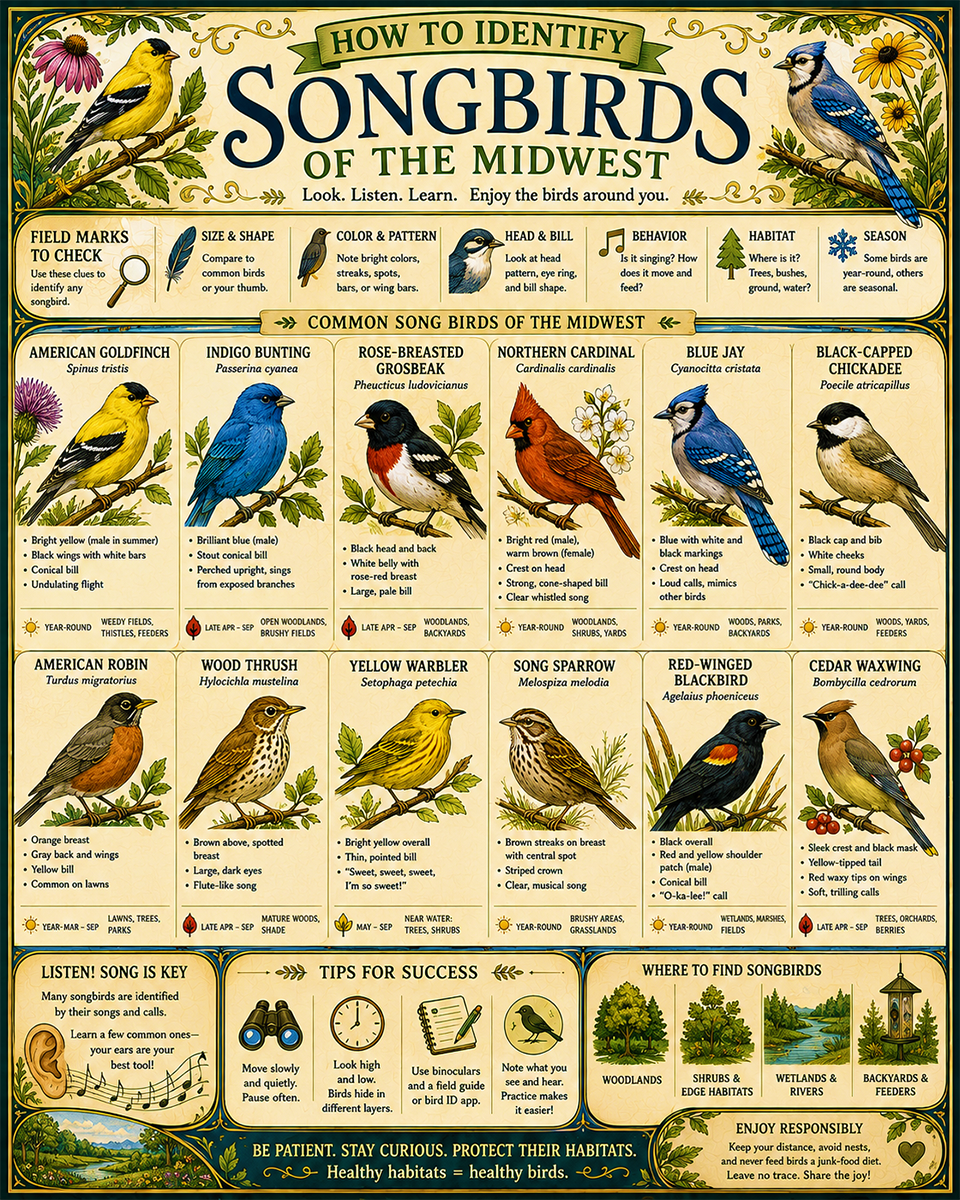 Chart - How to Identify Songbirds of the Midwest - Dark Infographic Poster