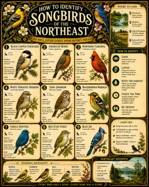 Chart - How to Identify Songbirds of the Northeast - Dark Infographic Poster