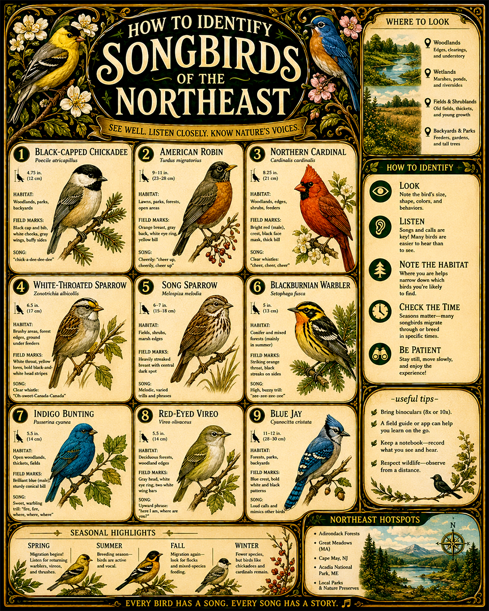 Chart - How to Identify Songbirds of the Northeast - Dark Infographic Poster