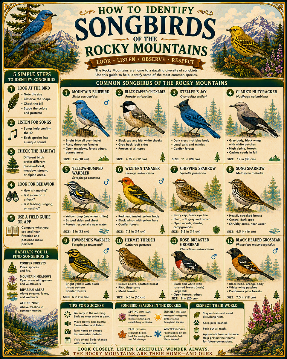 Chart - How to Identify Songbirds of the Rocky Mountains - Dark Infographic Poster