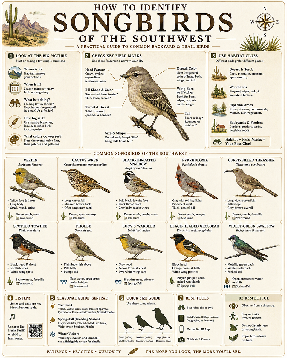 Chart - How to Identify Songbirds of the Southwest - Dark Infographic Poster