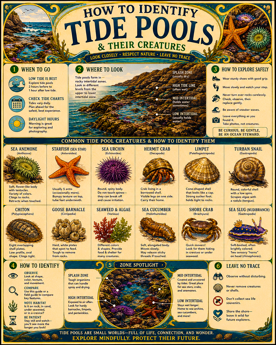 Chart - How to Identify Tide Pool Animals - Dark Infographic Poster