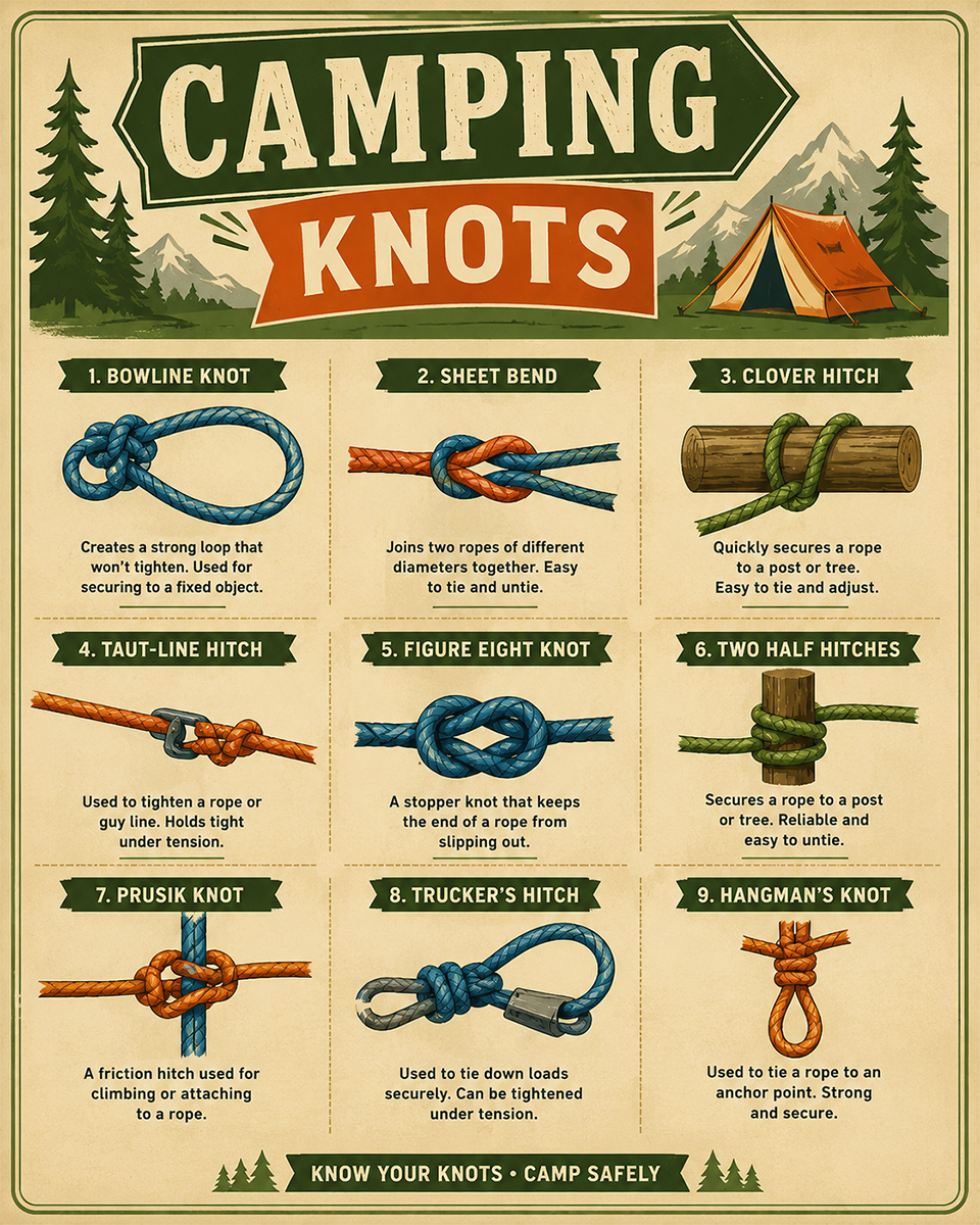 Chart - How to Tie Camping Knots - Infographic Poster