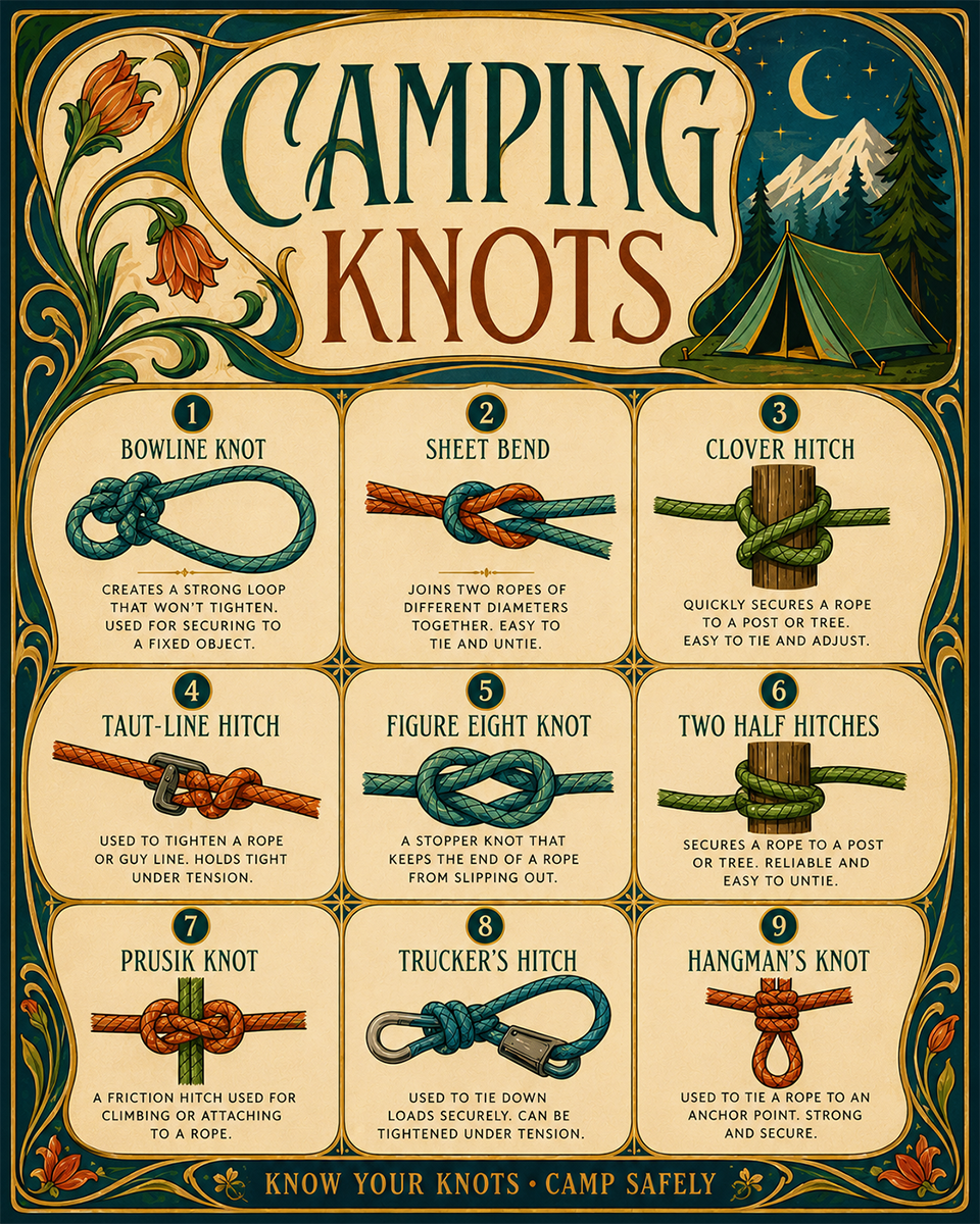 Chart - How to Tie Camping Knots - Nouveau Style Infographic Poster