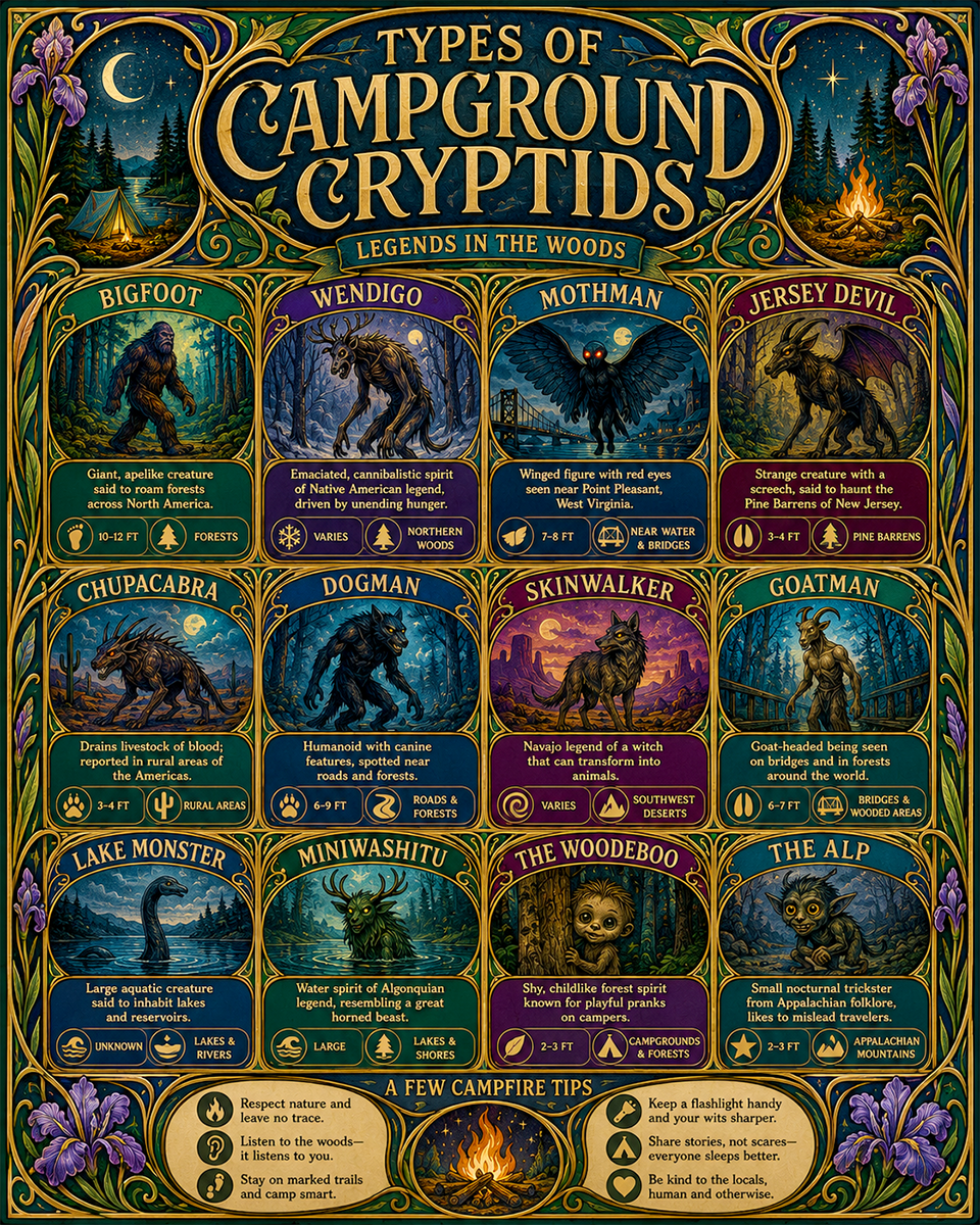 Chart - Types of Campground Crytids - Art Nouveau Infographic Poster
