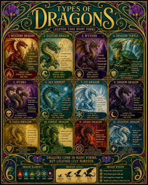 Chart - Types of Dragons - Vintage Infographic Poster