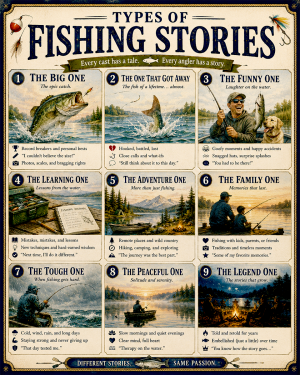 Chart - Types of Fishing Stories - Vintage Infographic Poster