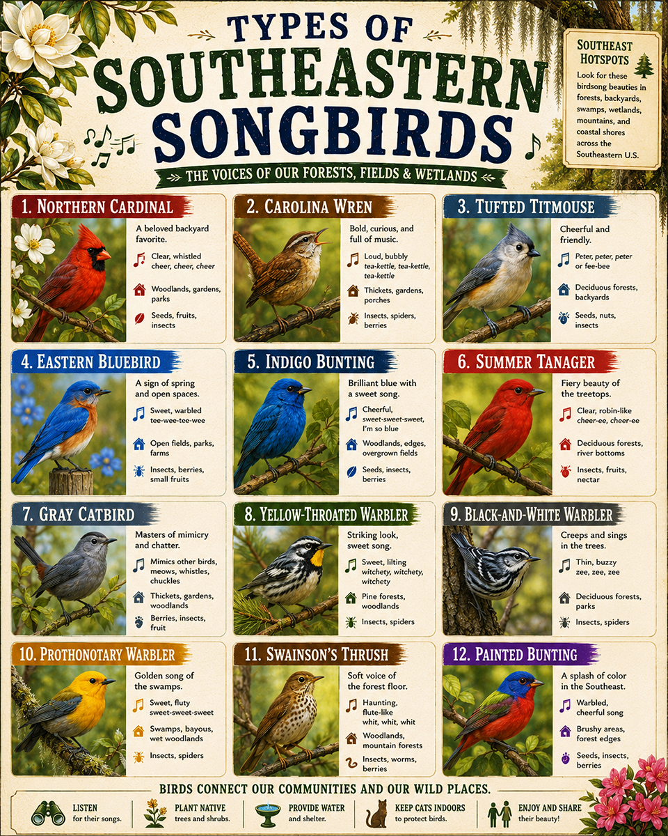 Chart - Types of Southeastern Songbirds - Gift Shop Artwork