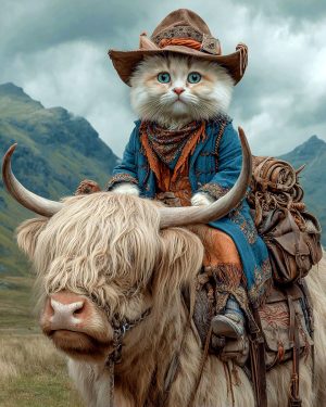 Cheyenne on a Highland Cow - Cats in Hats Art Print