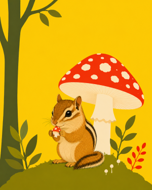 Chipmunk Eating a Piece of Amanita - Mushroom Decor