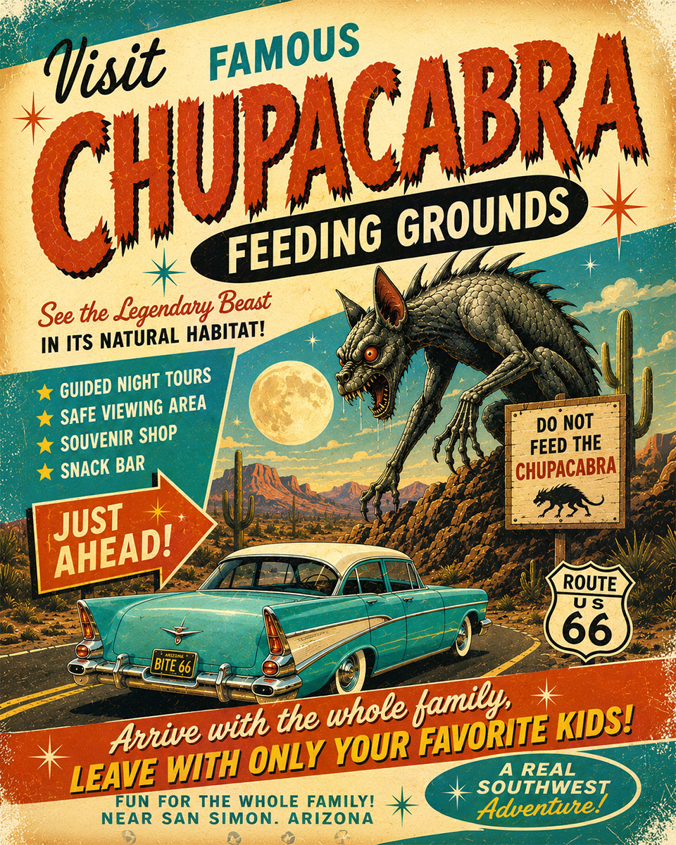 Chupacabra Feeding Grounds - Route 66 Parody Poster