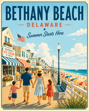 Coastal Artwork - Bethany Beach Boardwalk - North Carolina - Vintage Coastal Travel Poster