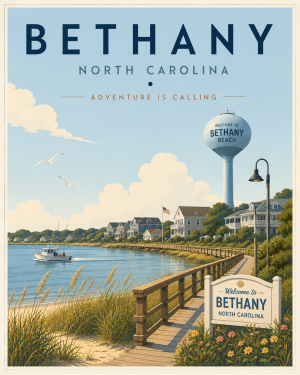 Coastal Artwork - Bethany Beach Walkway - North Carolina - Vintage Coastal Travel Poster