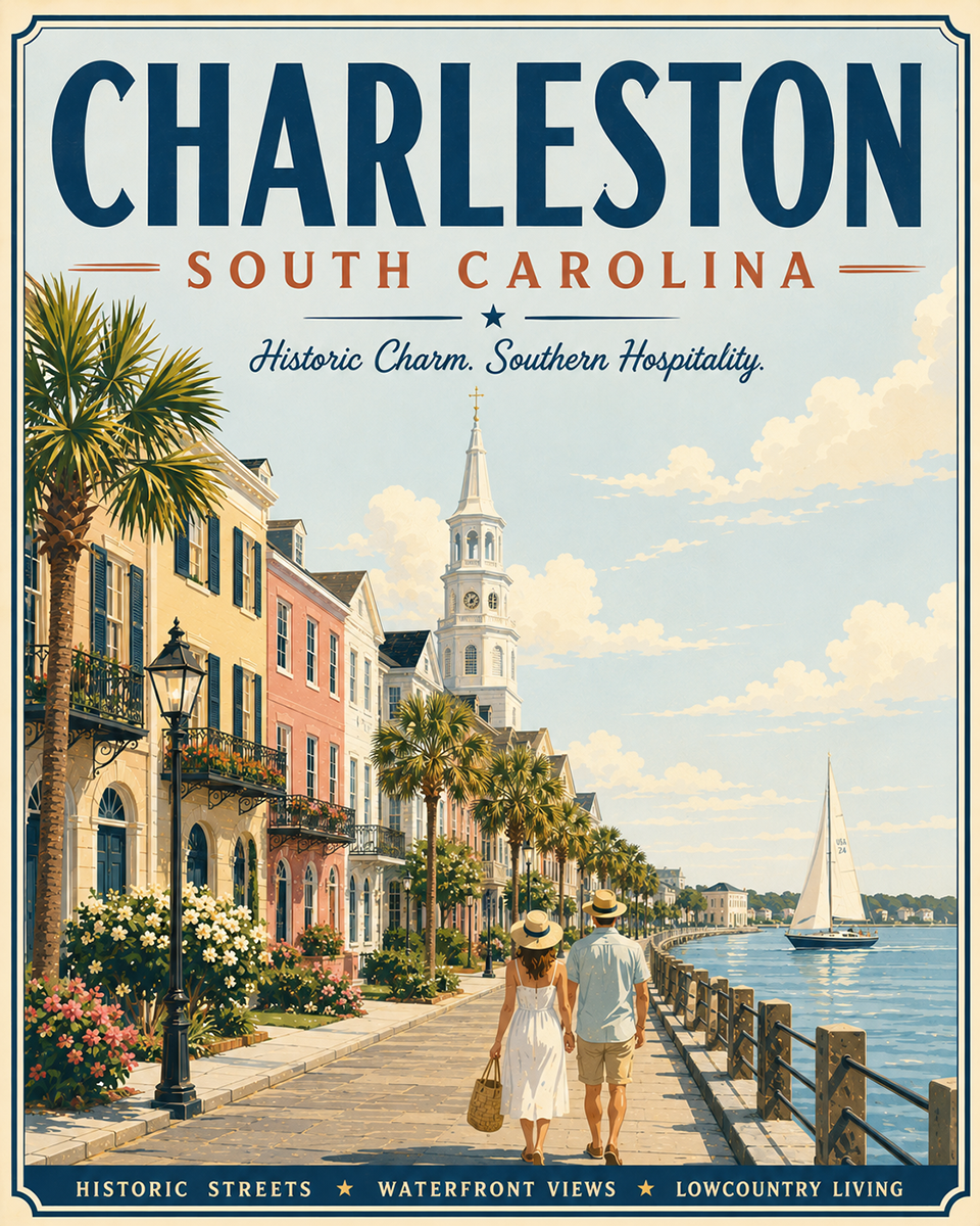 Coastal Artwork - Charleston Harbor Walk - South Carolina - Vintage Coastal Travel Poster