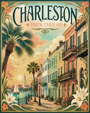 Coastal Artwork - Charleston Row Houses on Harbor II - South Carolina - Vintage Coastal Travel Poster
