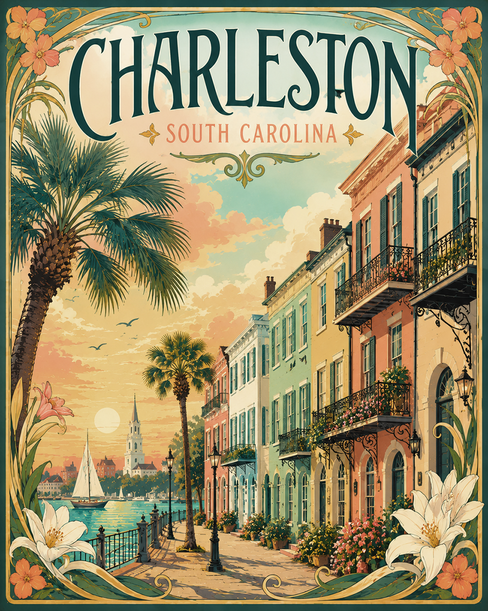 Coastal Artwork - Charleston Row Houses on Harbor II - South Carolina - Vintage Coastal Travel Poster