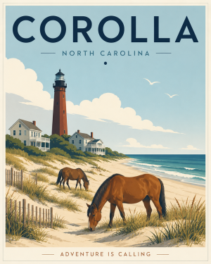 Coastal Artwork - Corolla Wild Horses on Outer Banks - North Carolina - Vintage Coastal Travel Poster