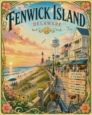 Coastal Artwork - Fenwick Island Art Nouveau - Delaware - Vintage Coastal Travel Poster