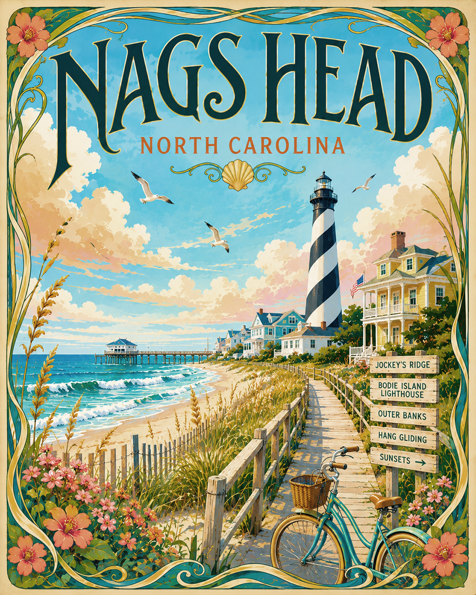 Coastal Artwork - Nags Head Art Nouveau - North Carolina - Vintage Coastal Travel Poster
